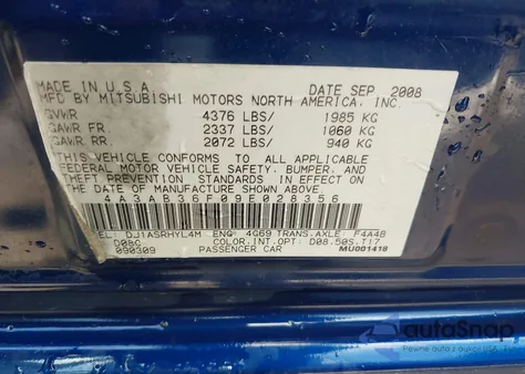 2009 Mitsubishi Galant Es/Sport Edition из США, поврежденный, VIN 4A3AB36F09E028356